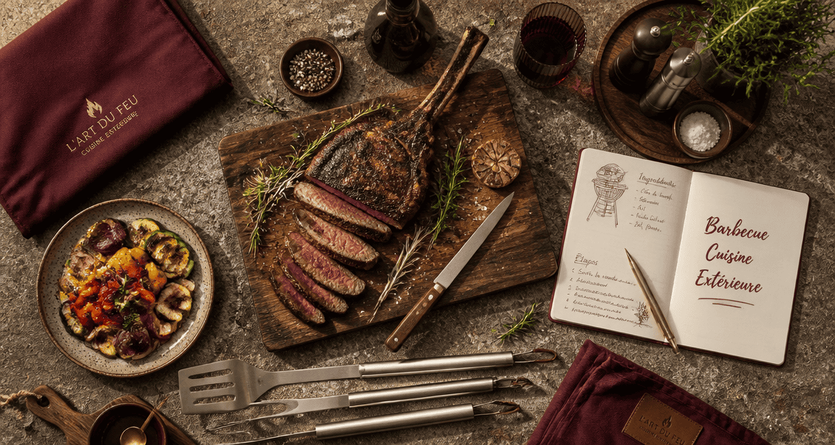barbecue cuisine extérieure, plan de travail avec côte de bœuf et légumes grillés