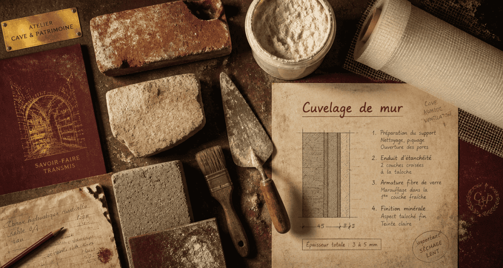 cuvelage mur échantillons outils enduit