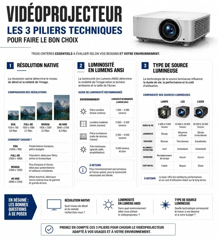 Infographie sur les critères techniques pour choisir le meilleur projecteur qualité prix