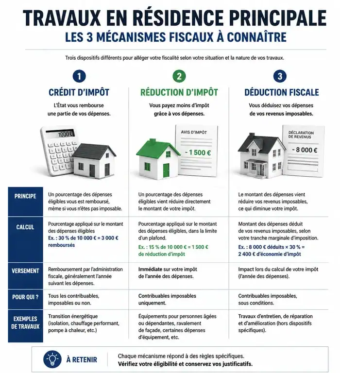 Infographie des dispositifs fiscaux pour travaux déductibles impôts résidence principale 2024