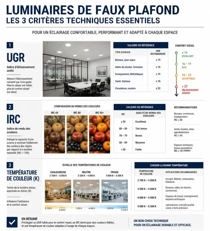 Infographie des critères techniques pour le choix d'un luminaire faux plafond : UGR, IRC et température de couleur