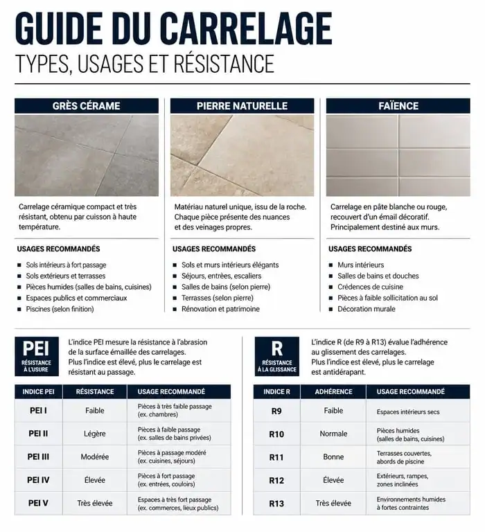 Infographie des types de carrelage et normes PEI pour réussir sa rénovation avec dalais-carreleur