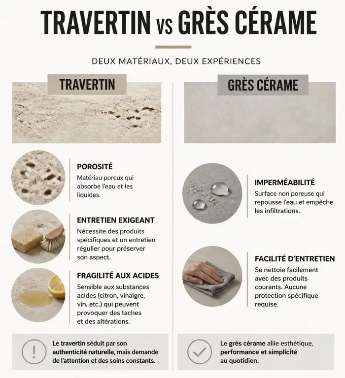 Tableau comparatif des inconvénients du travertin en salle de bain par rapport au grès cérame