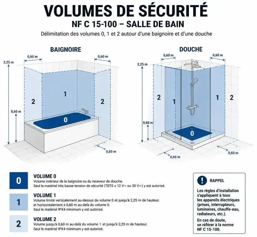 Schéma des volumes de sécurité NF C 15-100 pour radiateur salle de bain