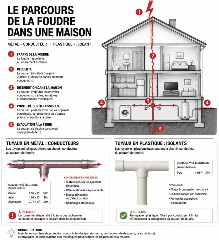 Schéma illustrant le risque de foudre et la conduction électrique dans la plomberie d'une maison pendant un orage