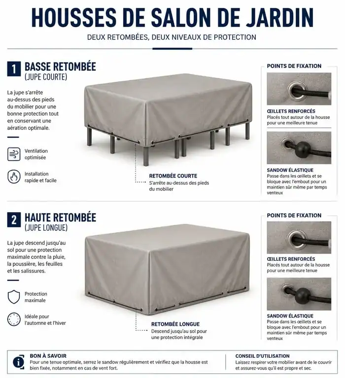 Schéma technique comparatif des types de housses de salon de jardin sur mesure : haute et basse retombée avec systèmes de fixation.