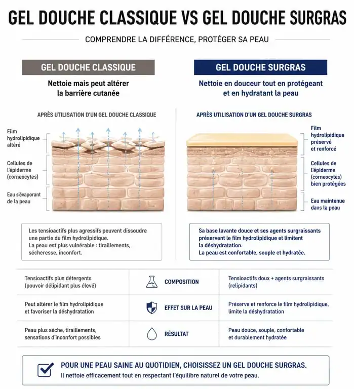 Comparaison entre gel douche classique et gel douche surgras pour la santé de la peau