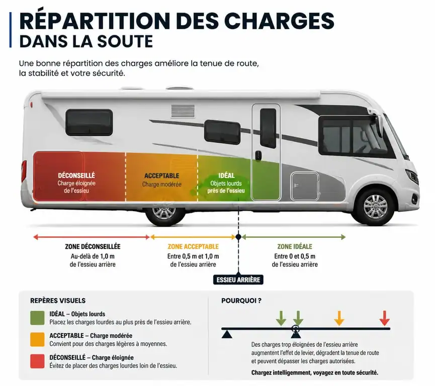 Infographie sur la répartition optimale des charges dans la soute d'un camping-car pour une meilleure sécurité routière
