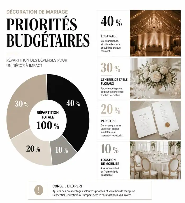 Infographie des priorités budgétaires pour la décoration de mariage