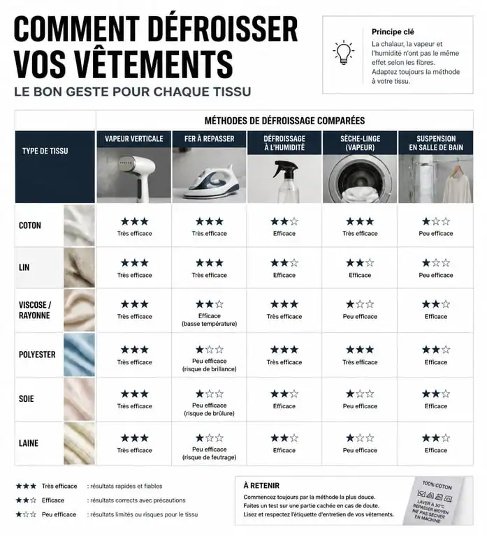 Infographie comparative des méthodes pour défroisser un vêtement selon le type de tissu