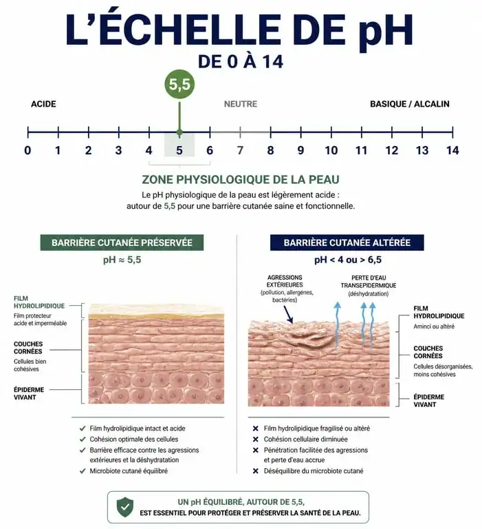 Schéma explicatif du pH physiologique de la peau et de l'importance du meilleur gel douche ph neutre pour la barrière cutanée