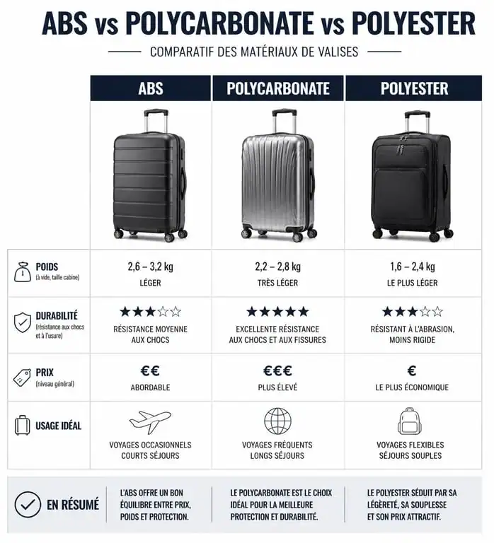 Comparatif des matériaux de valise moyen séjour : ABS, Polycarbonate et Polyester pour choisir son bagage idéal