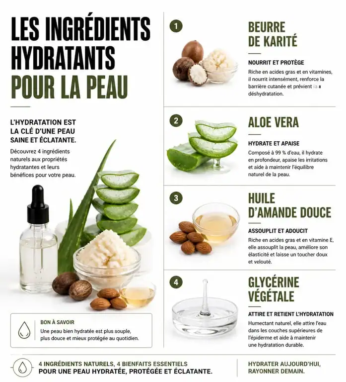 Infographie des meilleurs ingrédients pour un gel douche hydratant femme