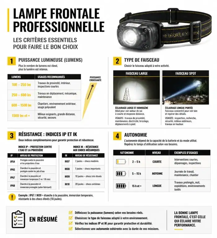 Infographie des critères techniques pour choisir la meilleure lampe frontale de travail