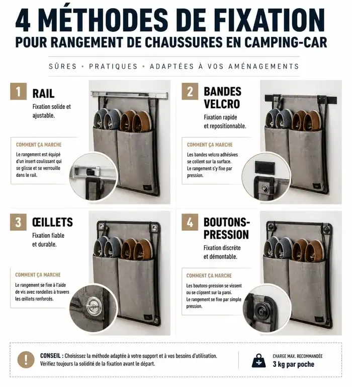 Infographie des systèmes de fixation pour rangement de chaussures en camping-car