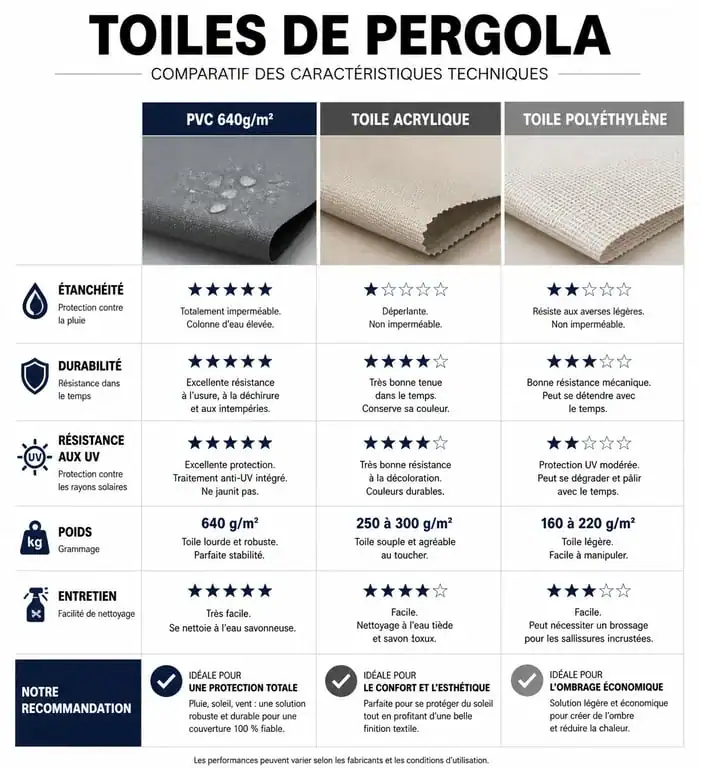 Comparatif technique des matériaux pour toile de pergola étanche