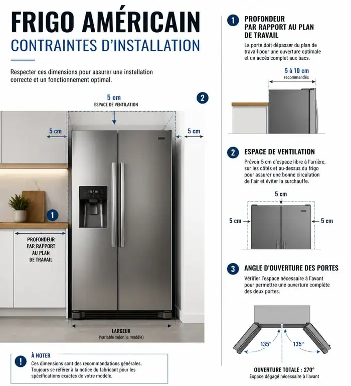 Schéma technique des dimensions et contraintes pour l'intégration d'un frigo américain dans une cuisine