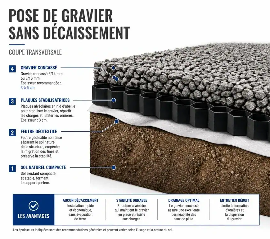 Schéma technique de pose de gravier sans décaissement avec géotextile et stabilisateurs