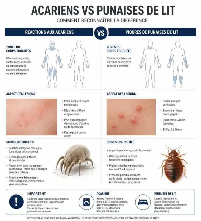 Infographie comparative des symptômes : bouton acariens lit vs piqûres de punaises de lit