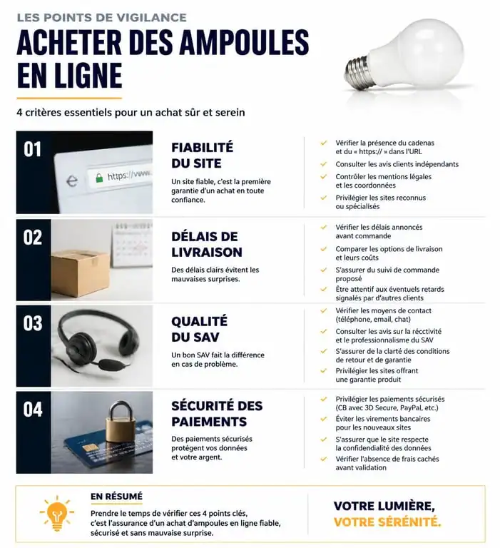Infographie des points de vigilance pour l'achat d'ampoules pas cher en ligne