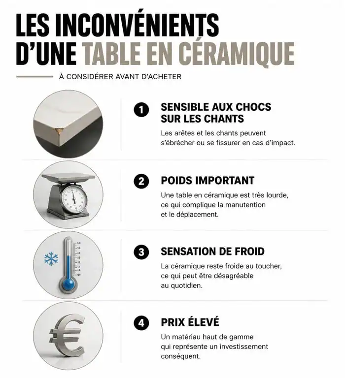 Infographie résumant les inconvénients d'une table en céramique : fragilité, poids, confort thermique et prix.