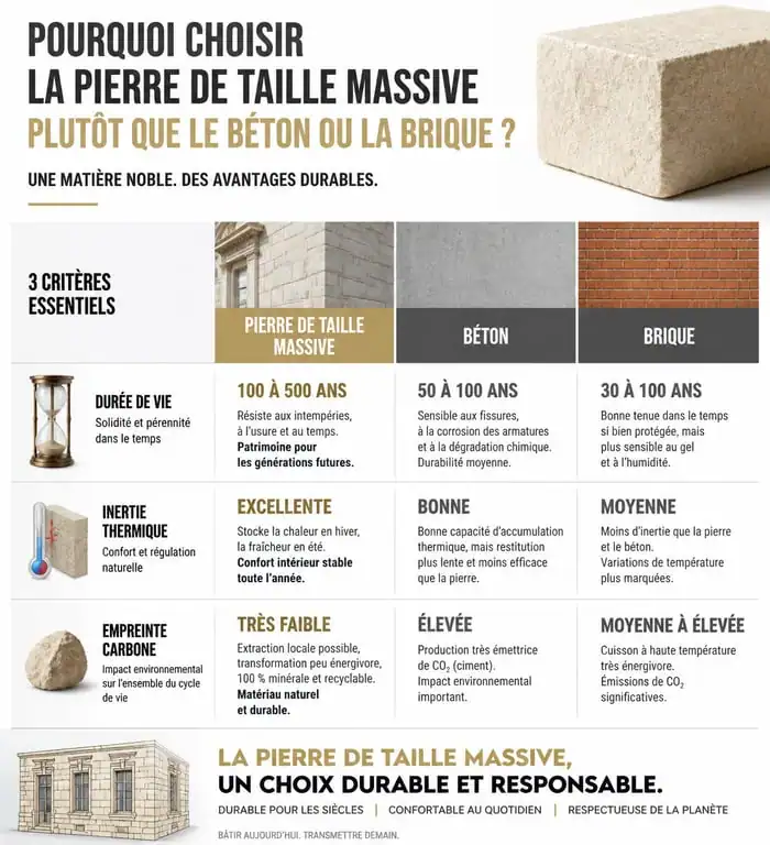 Comparatif des matériaux de construction : pierre de taille massive, béton et brique