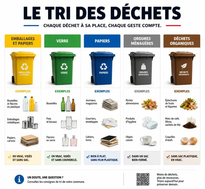 Infographie des codes couleur des poubelles de tri sélectif en France