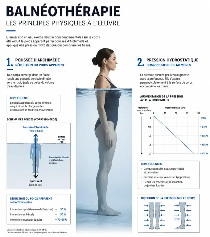 Infographie expliquant les principes physiques de la balnéothérapie : poussée d'Archimède et pression hydrostatique