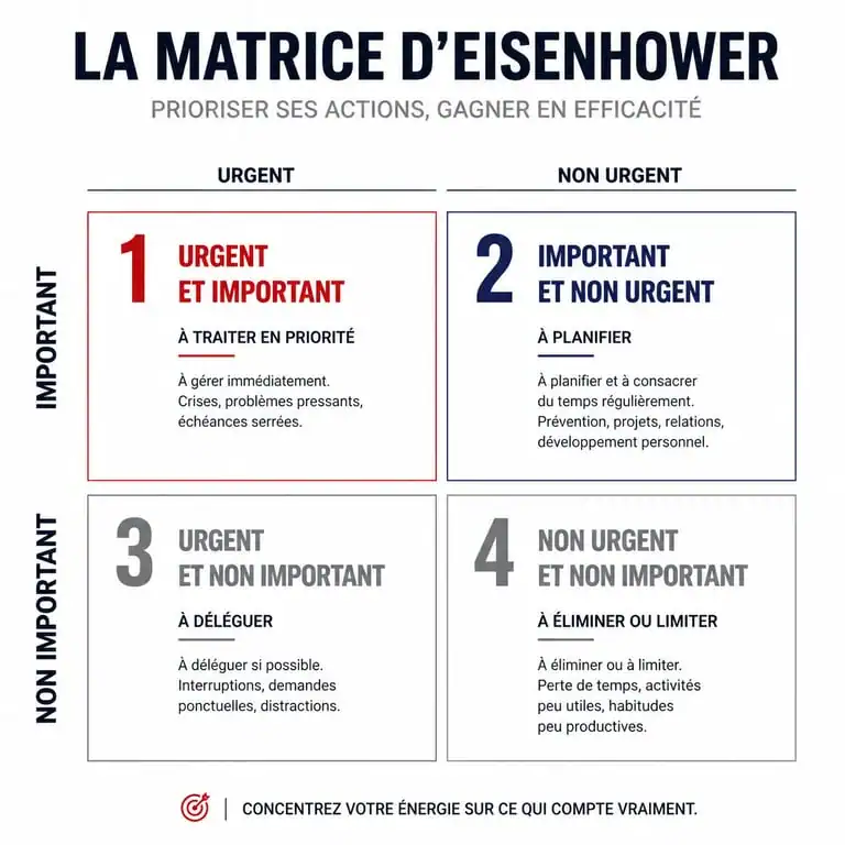 Infographie de la matrice d'Eisenhower pour améliorer son sens de l'organisation au travail