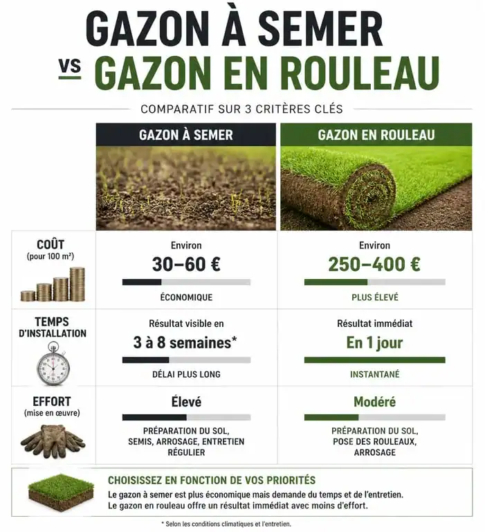 Comparatif visuel entre gazon à semer et gazon en rouleau pour choisir son type de gazon herbe