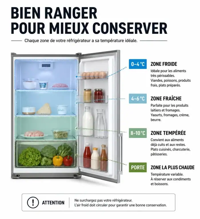Infographie des zones de température pour bien ranger son frigo et conserver les aliments