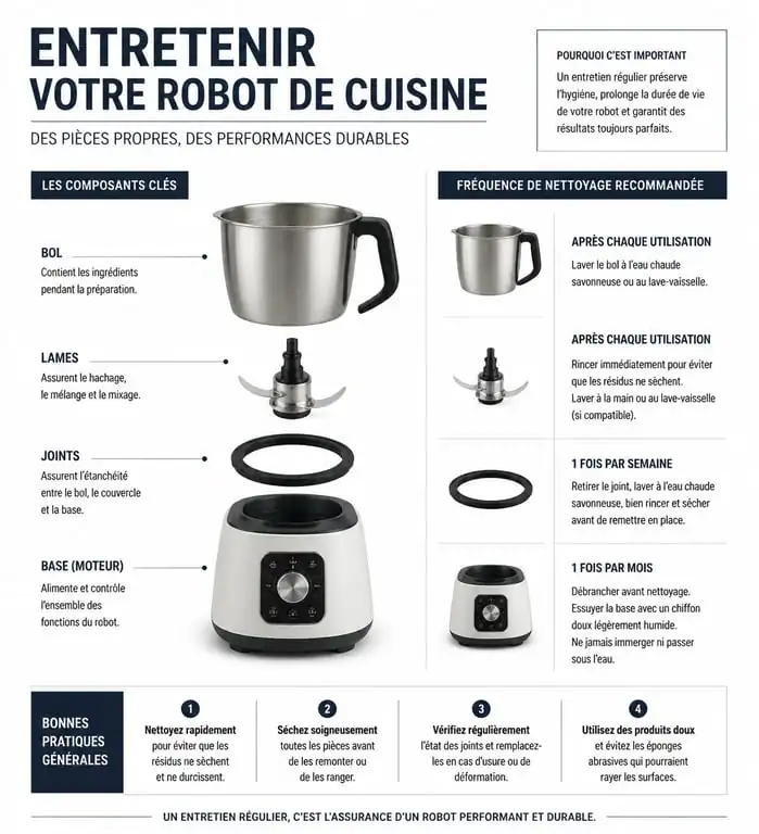Infographie sur l'entretien et la maintenance du meilleur robot cuisine pour prolonger sa durée de vie
