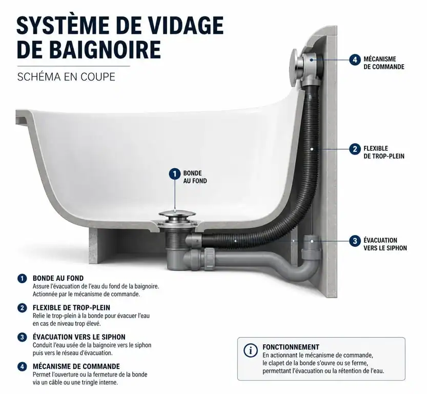 Schéma technique du système de trop plein baignoire et vidage