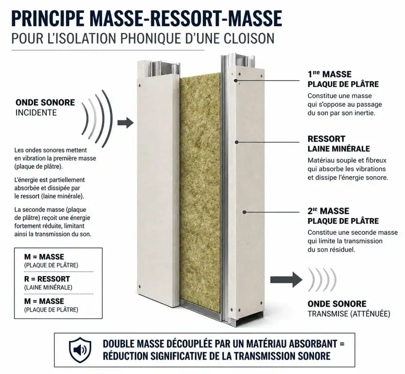 Schéma du principe masse-ressort-masse pour l'isolation phonique entre deux chambres