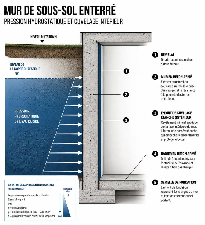 Schéma technique du fonctionnement du cuvelage de mur contre la pression hydrostatique
