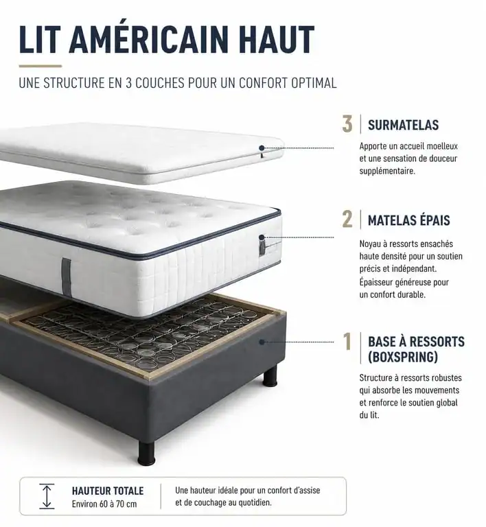 Schéma explicatif de la structure d'un lit américain haut avec système Boxspring et matelas épais pour comprendre le lit américain haut.