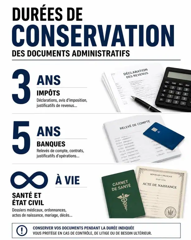 Tableau récapitulatif des durées de conservation des papiers administratifs pour une organisation efficace.