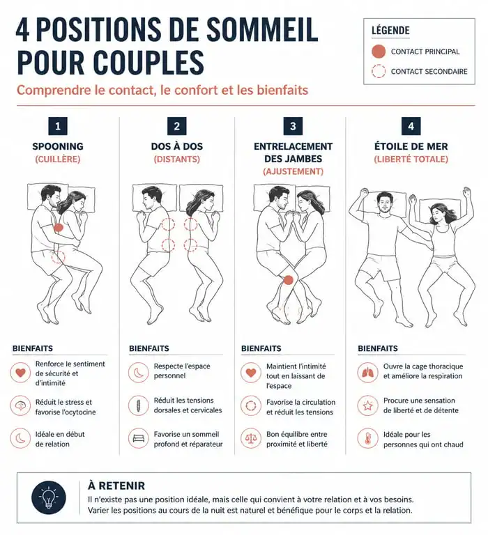 Infographie des positions de sommeil en couple et leurs bienfaits