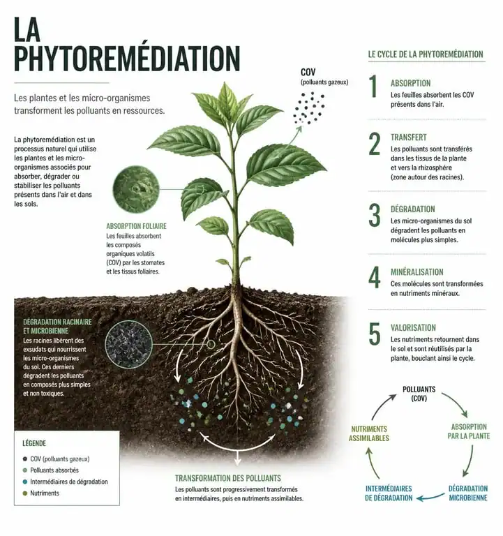 Schéma explicatif du fonctionnement des plantes d'intérieur dépolluantes et de la phytoremédiation