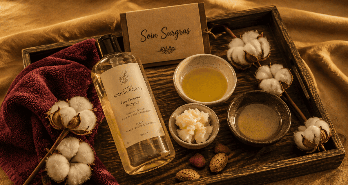 meilleur gel douche surgras flacon huiles naturelles plateau bois