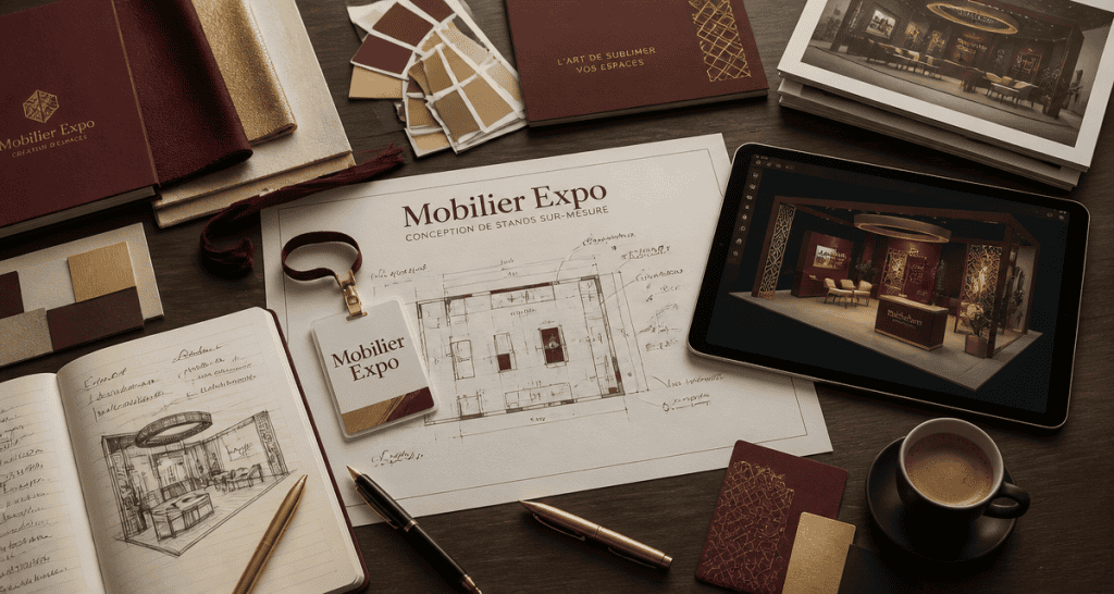 mobilier pour stand exposition vue bureau plans et échantillons