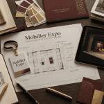 mobilier pour stand exposition vue bureau plans et échantillons