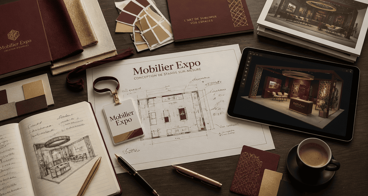 mobilier pour stand exposition vue bureau plans et échantillons