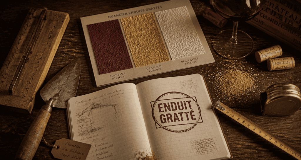 outils enduit gratte et nuancier sur table