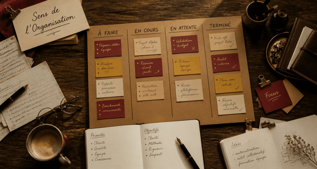 bureau organisé avec kanban pour sens de l organisation