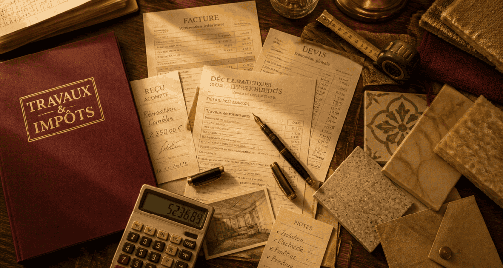 Travaux maison impots documents et factures sur table