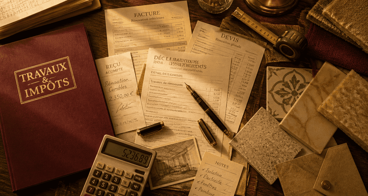 Travaux maison impots documents et factures sur table
