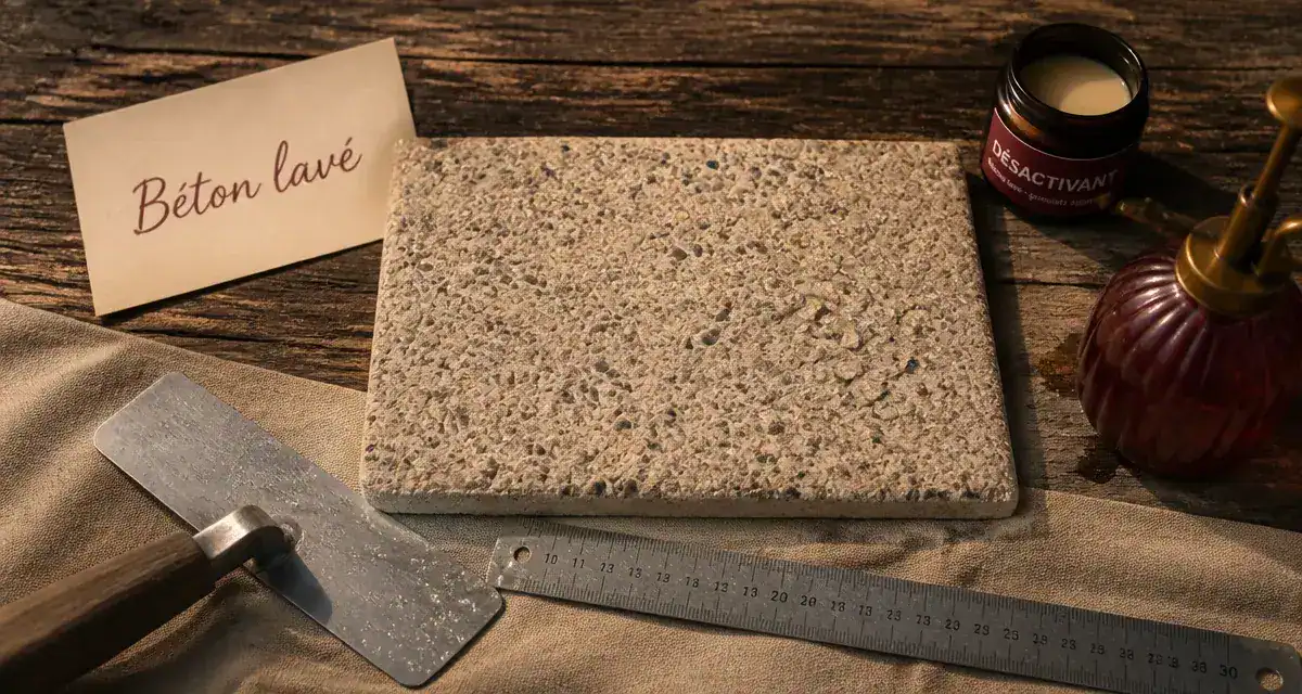 beton lavé terrasse : surface minérale avec gravillons affleurants et outils