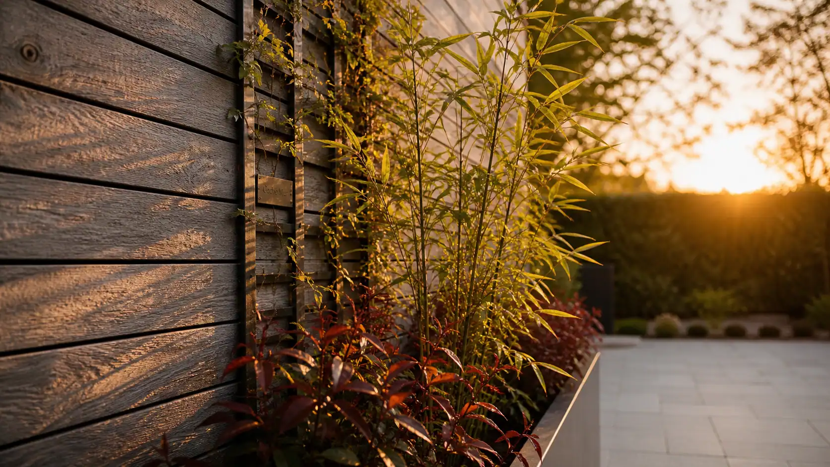 Cache mur extérieur avec panneaux bois et clématites, golden hour