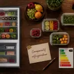 Comparatif réfrigérateur congélateur avec vue compartiments et étiquettes énergie